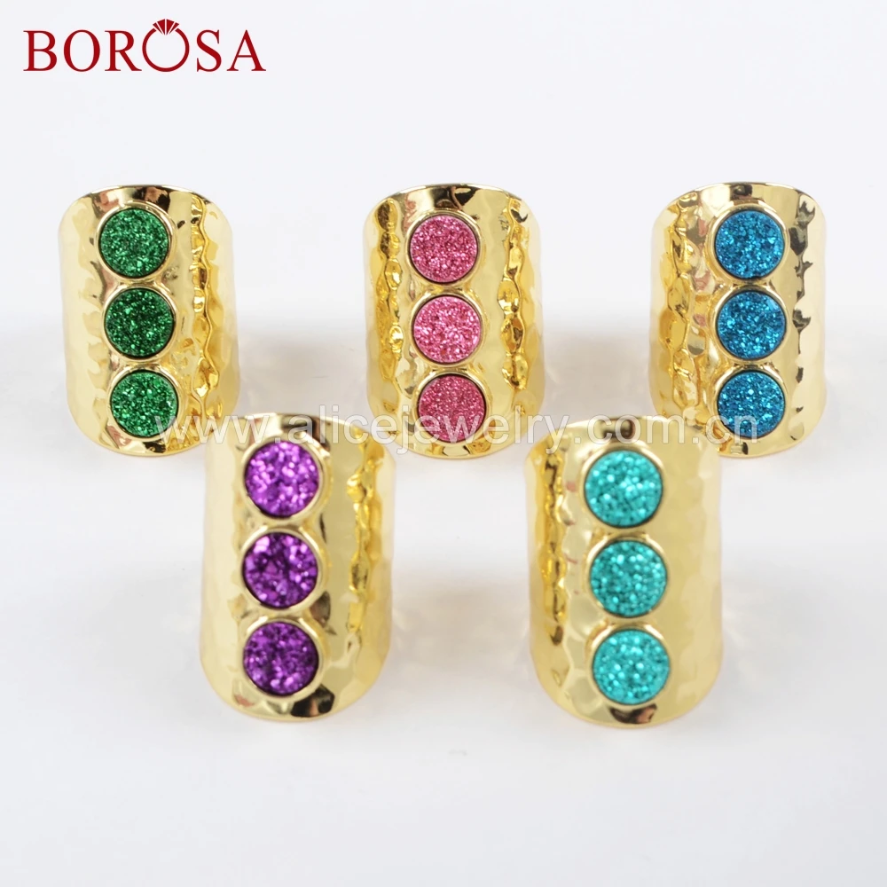 

BOROSA 5PCS Wholesale Gold Bezel Three Round Titanium Dark Rainbow Druzy Band Ring Mixed Drusy Rings Fashion Jewelry ZG0366