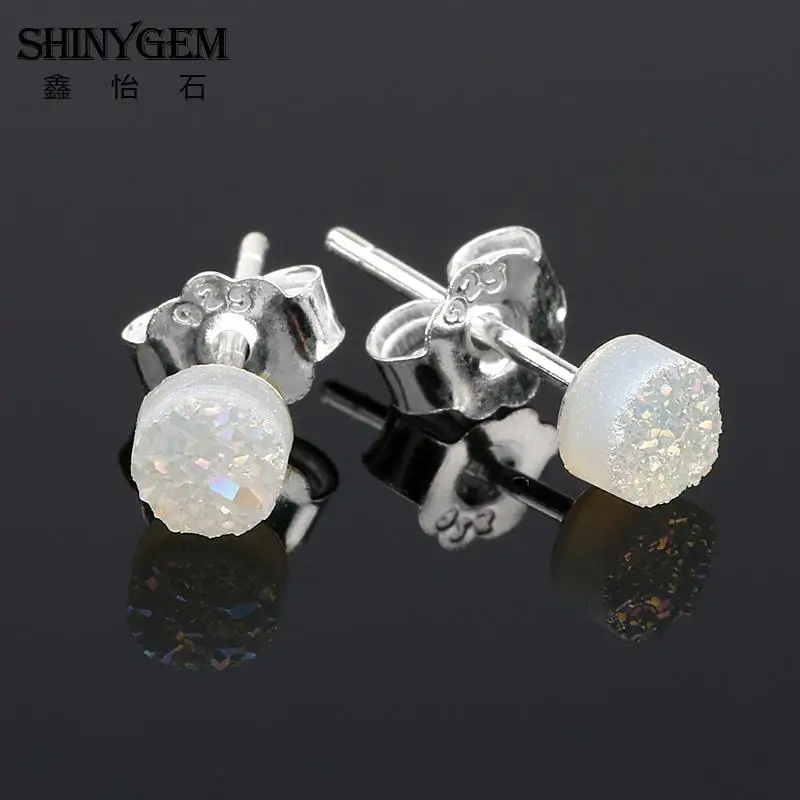 SHINYGEM 4 мм крошечные 925 пробы Серебристые друзы серьги-гвоздики сверкающий кристалл маленький круглый натуральный камень серьги для женщин ювелирные изделия - Окраска металла: Opal White