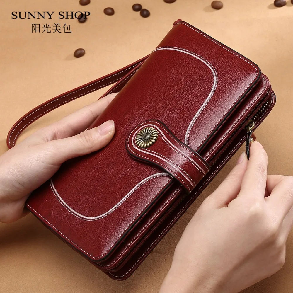 

SUNNY SHOP Wallet Women Leather Purse Wallet Genuine Leather Long Credit Card Holder 2019 Vintage Luxury Travel Wallet Wristlet