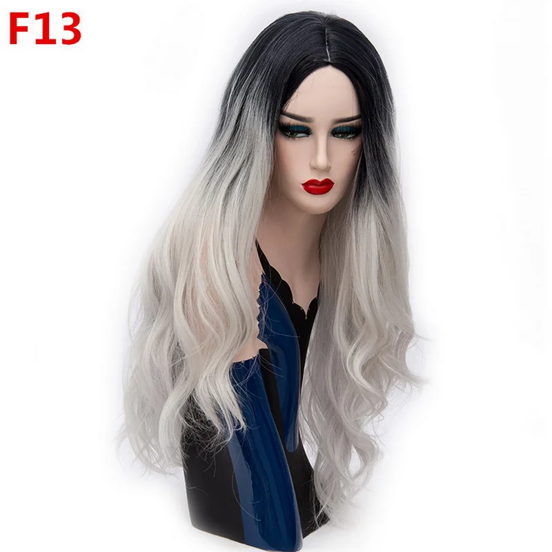 Fashion Long Wavy Ombre Hair Synthetic Wig Natural Wave Two Tone Black Grey Blue Green Grey Purple Wigs For Women 26 Models