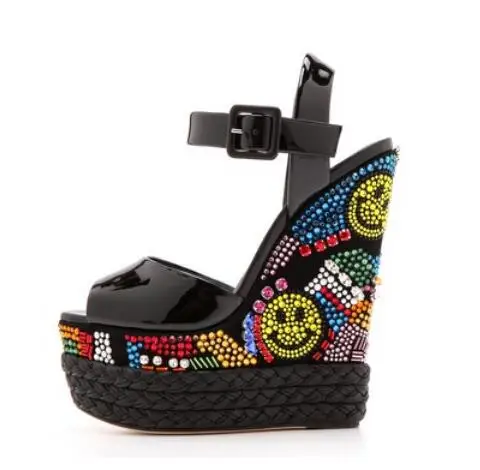Gullick Brand Black Patent Leather Wedge Sandals Multi-color Crystal Embellished Wedge Sandals Ultra Weave Braid Heel Shoes Women's Shoes