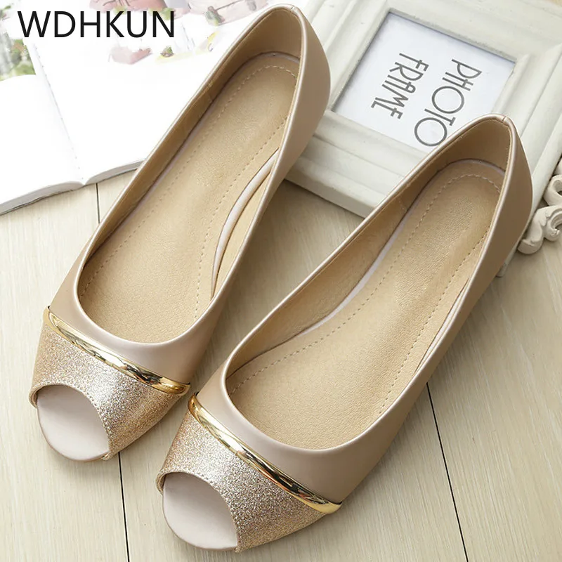 

WDHKUN 2019 Fashion Women Flats Peep Toe Flats Comfortable PU Leather pink Gold White Shoes Woman Size 34-43