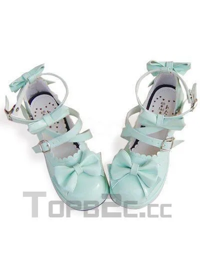 1 7/10'' Heel 3/10'' Platform Mint Bow Scalloped Crisscross Ankle Straps PU Lolita Shoes Free Shipping | Обувь
