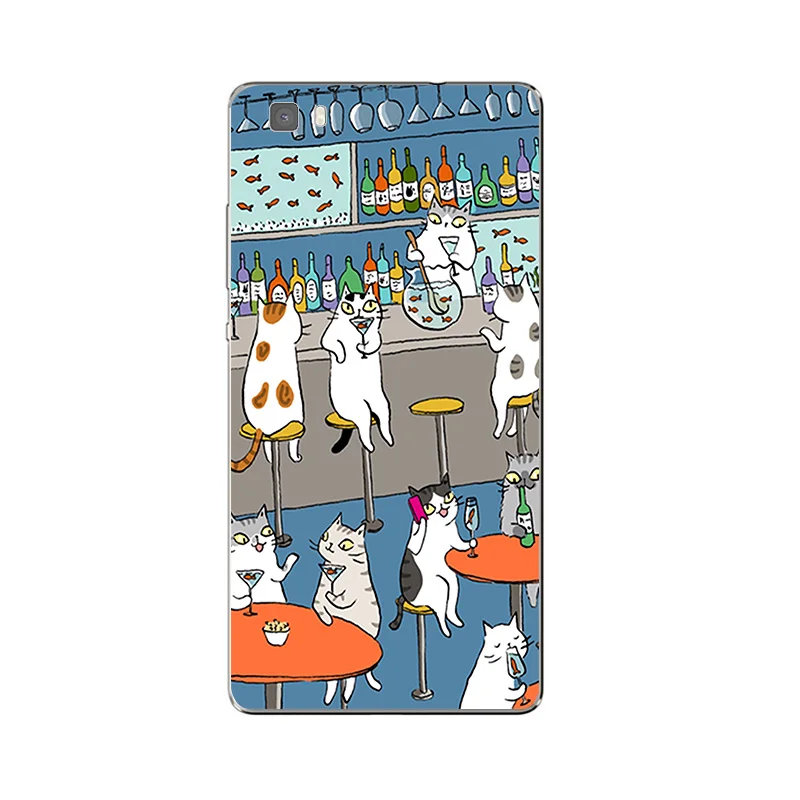 Untuk Huawei P8/P8 P9 Lite Plus G9 Shell Kehormatan 5C 7 7I Kembali Cover Mate 7 8 Ponsel Kucing Lucu Minum Desain