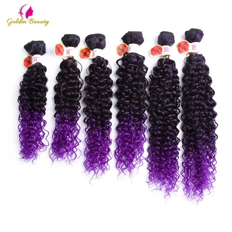 Extensões do Cabelo Roxo e Marrom Tramas do Cabelo Sew em Weave Beleza Dourada Unidades Pacote Encaracolado Kinky 14-18 Polegada Ombre Sintético 6 –