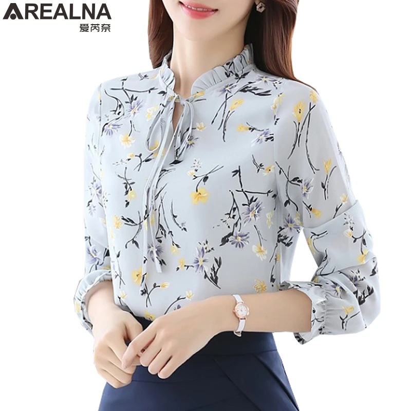 Blusas Для женщин Топы корректирующие Блузки для малышек Корейская женская шифоновая блуза с длинным рукавом Футболка с цветочным принтом