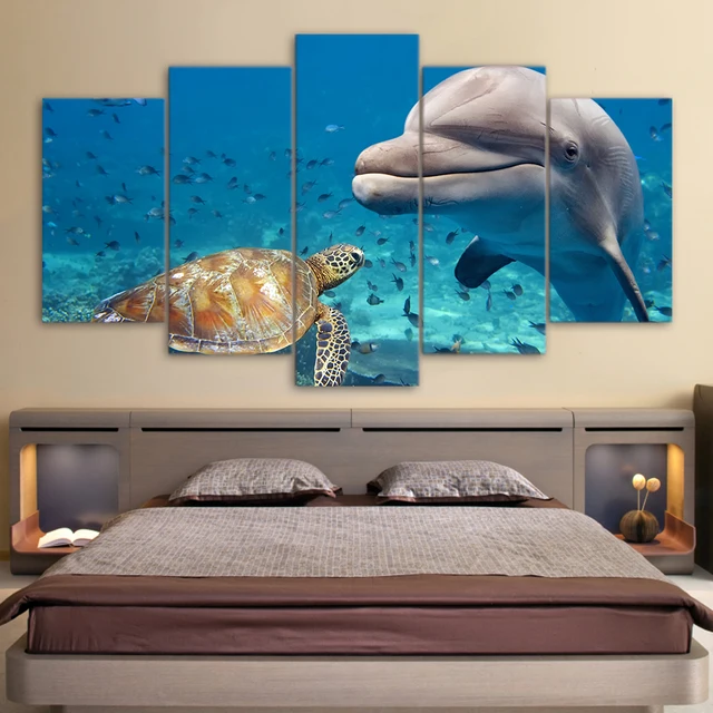 Us 70 Modular Wall Art Gambar Kanvas Hd Dicetak Dekorasi Rumah 5 Buah Biru Laut Dalam Ikan Lumba Lumba Lukisan Sea Penyu Poster Bingkai Di Painting
