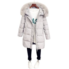 Зимние женские куртки, 90% белый утиный пух, пальто, парка, воротник из лисьего меха, пуховик с капюшоном, средней длины, модная теплая верхняя одежда