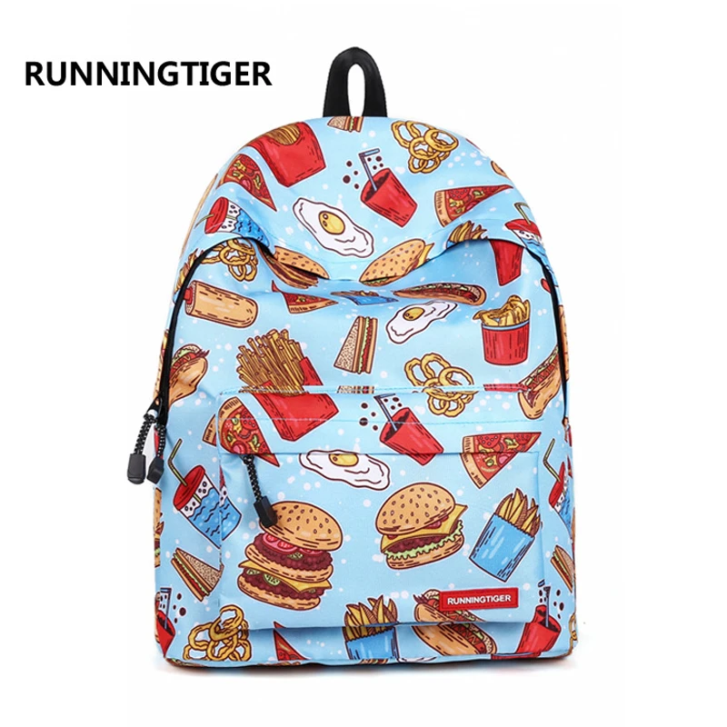 

RunningTiger 3D fast food printed Women Backpack Female Trendy Designer School Bags Teenagers Girls Men Travel Bag Mochilas
