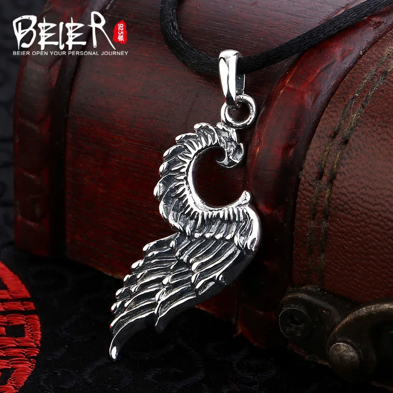 

Vintage polish Beier 925 silver sterling retro feather pendant necklace free give black rope fashion Jewelry A1078
