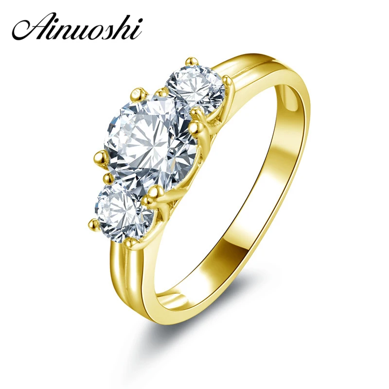

AINUOSHI 10k Solid Yellow Gold Ring Luxury Design Bague 3 Stones 1ct Round Cut Simulated Diamond Rings Real Gold Wedding Jewelry