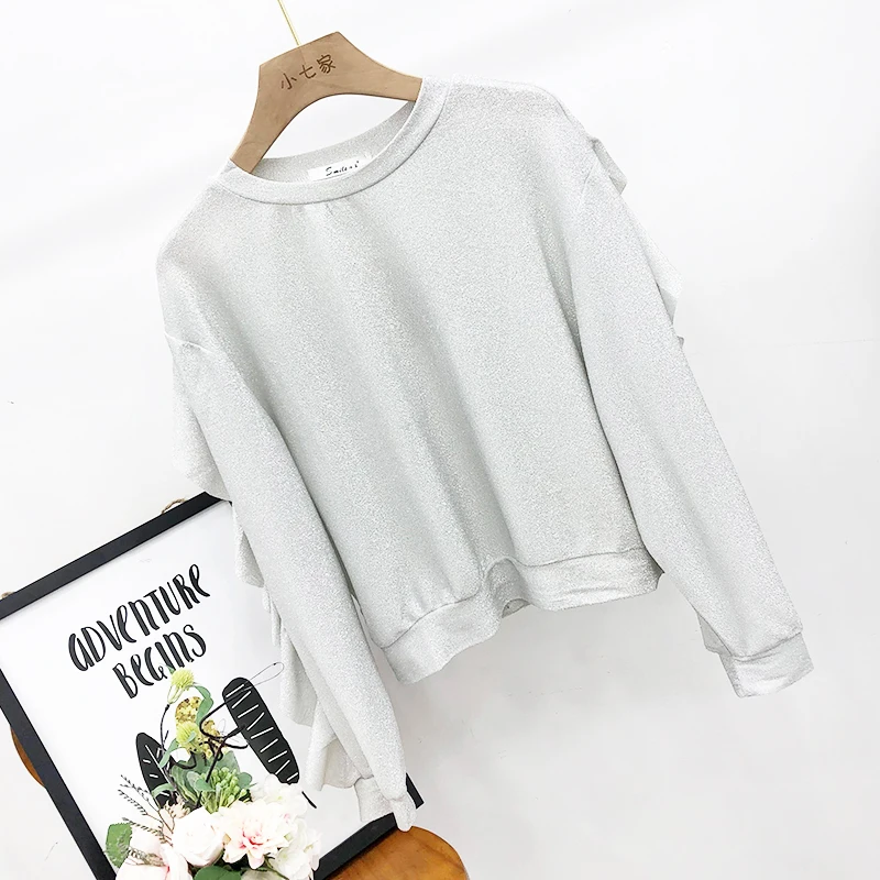 

10s 2019 spring comfortable and slippery thin round neck pullover long-sleeved ruffled fashion bright silk top sgz29a cherry