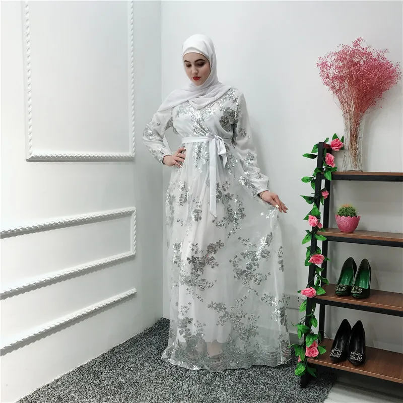 Роскошные мусульманские Рамадан платье Абая Дубай Кружева Вышивка бронзовые двойные платья кардиган халат платье Джаба Ближний Восток ИД исламский - Цвет: White abaya