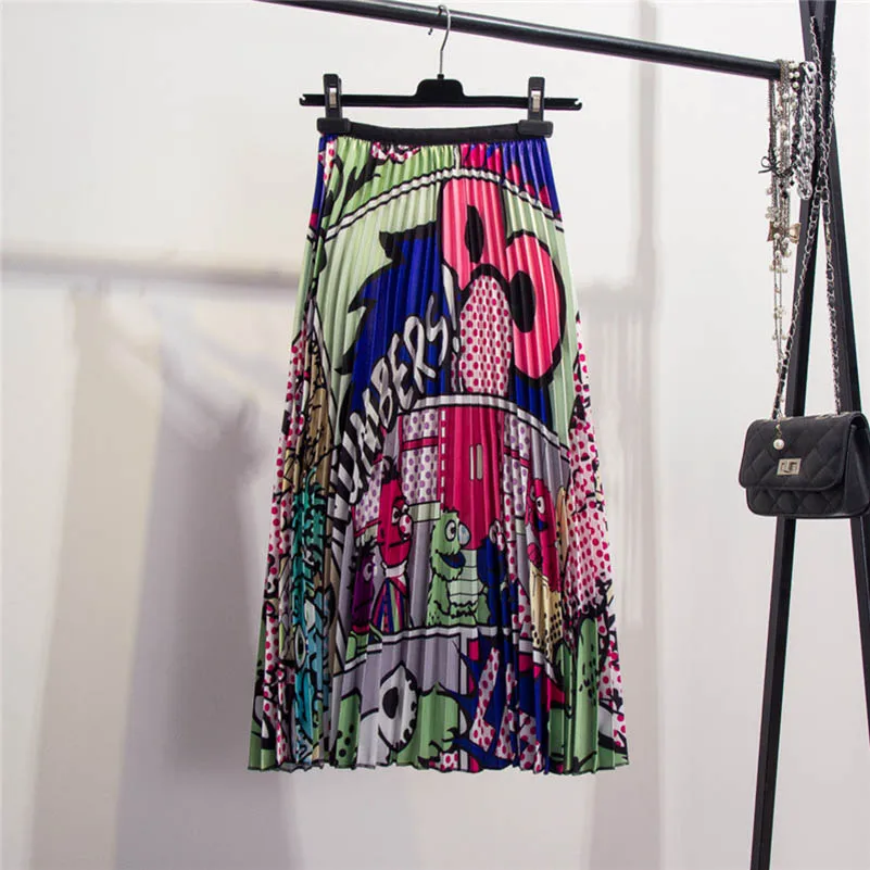 

NiceMix 2019 Summer Spring Animal Cartoon Print A-line Patchwork High Waist Pleated Casual Loose Skirt Women Fashion Tide