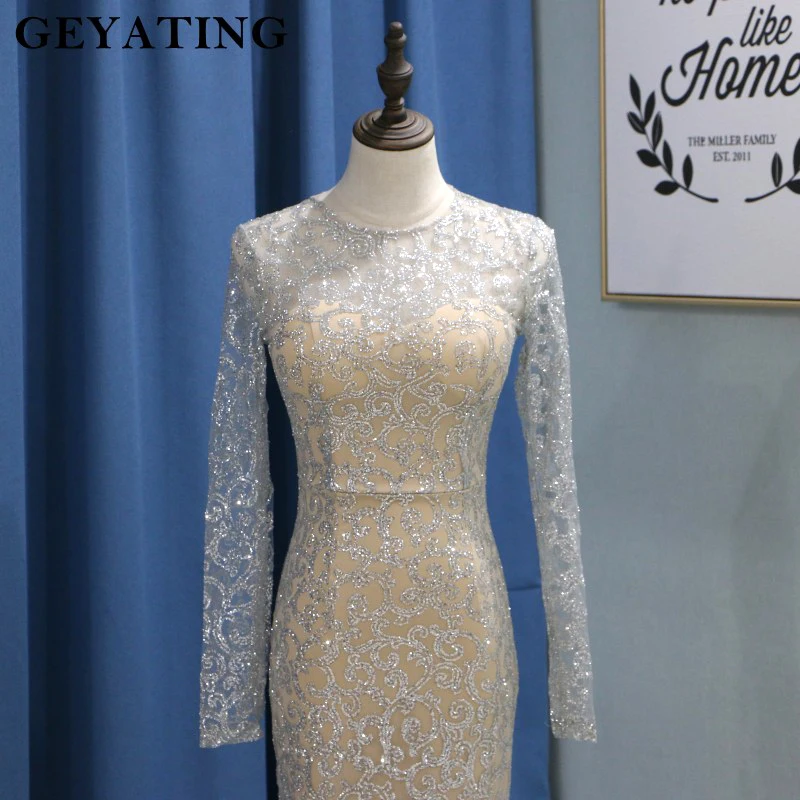 Shiny Silver Sequins Dubai Mermaid Evening Dress Long Sleeves Arabic Formal Prom Dresses 2019 Gold Bodycon Maxi Dress Party Gown