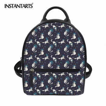 

INSTANTARTS Preppy Style Women Backpack PU Leather Backpacks Cute Space Cat Pattern Female School Bag for College Girls Mini Bag