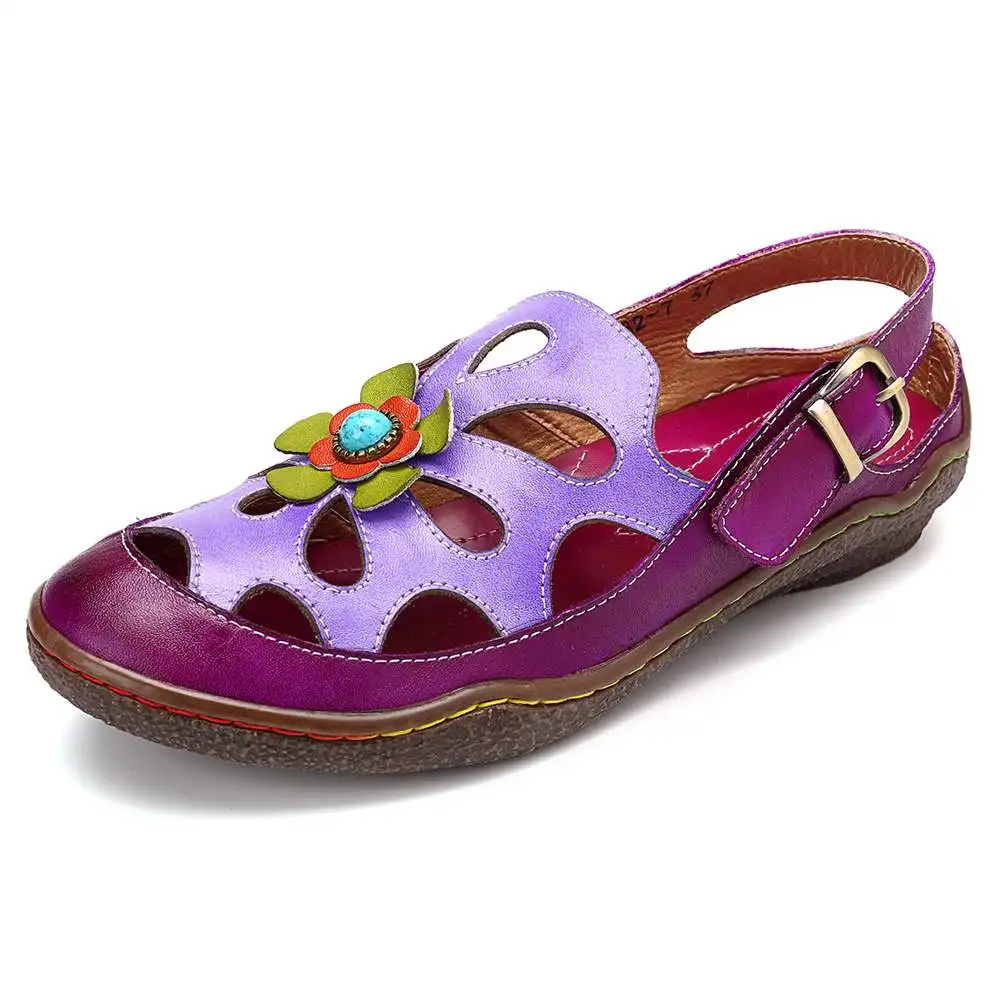 SOCOFY/Повседневные Удобные кожаные сандалии на застежке-липучке с цветочным узором; удобные сандалии; Летняя обувь; кожаная обувь с принтом; Новинка - Цвет: Фиолетовый