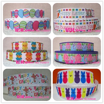 

Q&N OEM ribbon 7/8inch 22mm OEM Easter Day egg and rabbit printed grosgrain ribbon 50yds/roll free shipping for headband