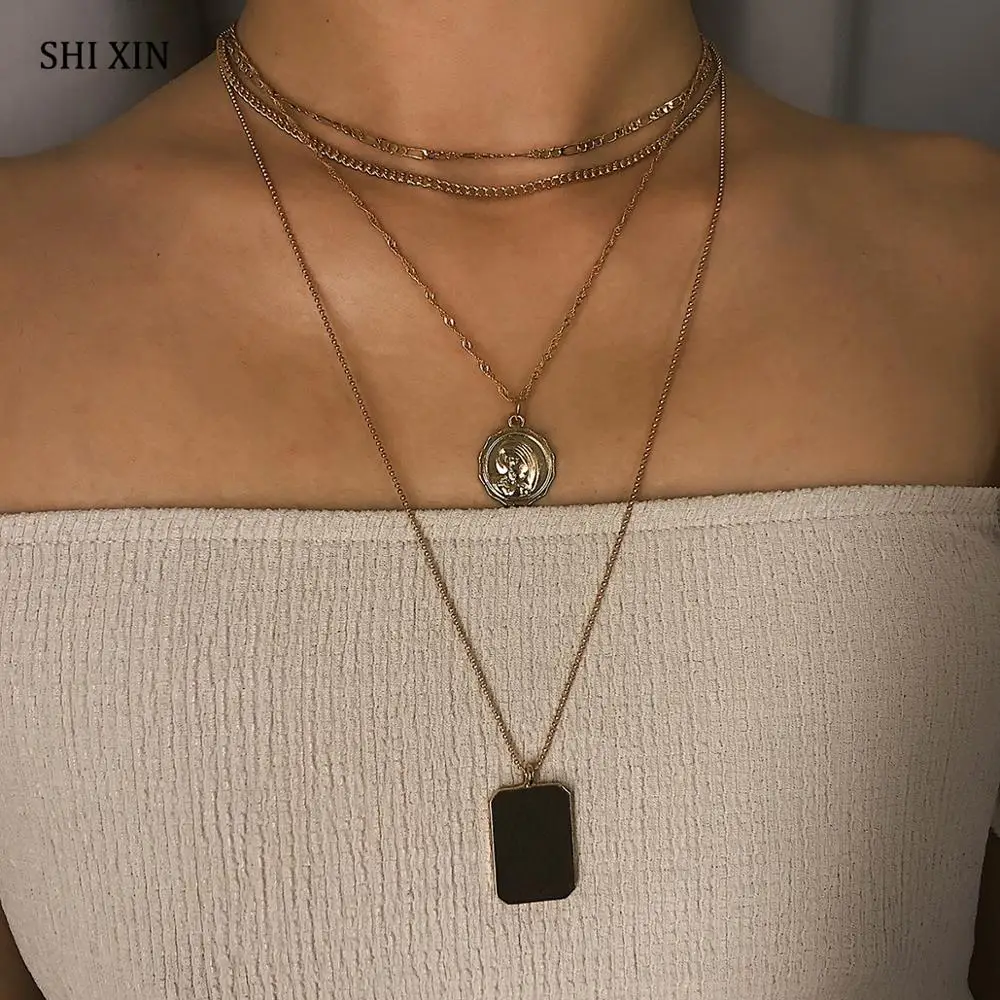 

SHIXIN Simple Layered Necklace Gold/Silver Chain Fashion Coin/Square Pendant Necklace for Women Personalized Neckless Jewelry