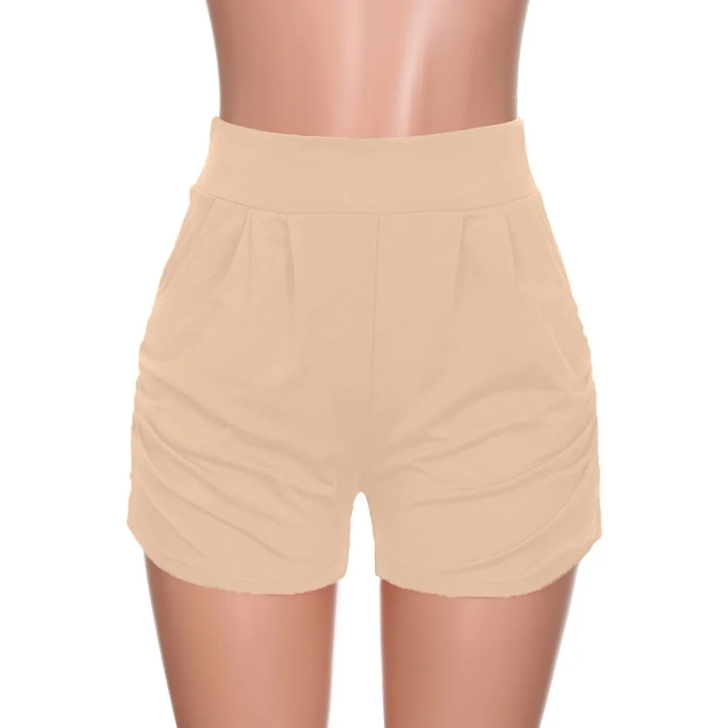Beige Плиссированные шорты женские эластичные шорты с высокой талией шорты с карманами женские летние шорты, летние шорты короткие женские шорты - Цвет: Beige
