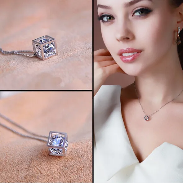 

New Fashion Silver Magic Cube & Cone Dazzling Crystal Pendant Necklace For Women Charm Fine Jewelry