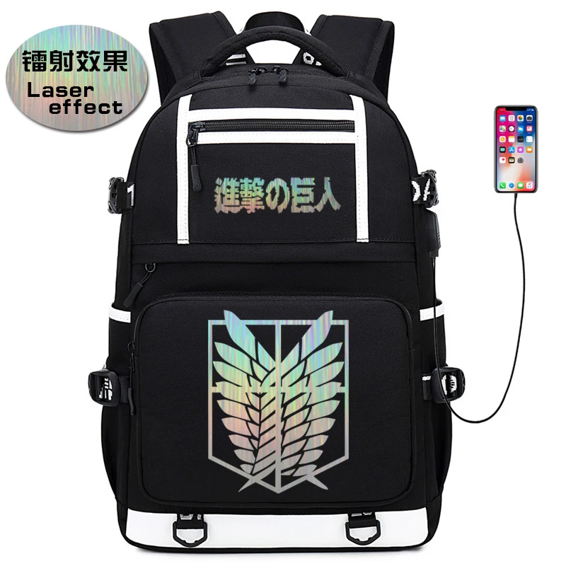 

Attack on Titan Laser Effect Men Backpack Survey Corps Travel Bagpack USB Charging Laptop Backpack Anime Bookbag Women Bagpack