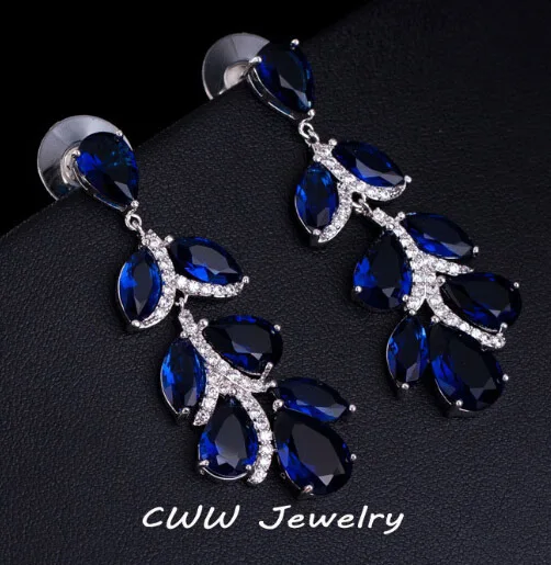 Cwwzircons Top Quality Female Cz Stone Dark Blue Crystal Long Cwwzircons Top Quality Female Cz Stone Dark Blue Crystal Long Leaf Dangle Earrings For Women Party Jewelry Cz259 In Drop From