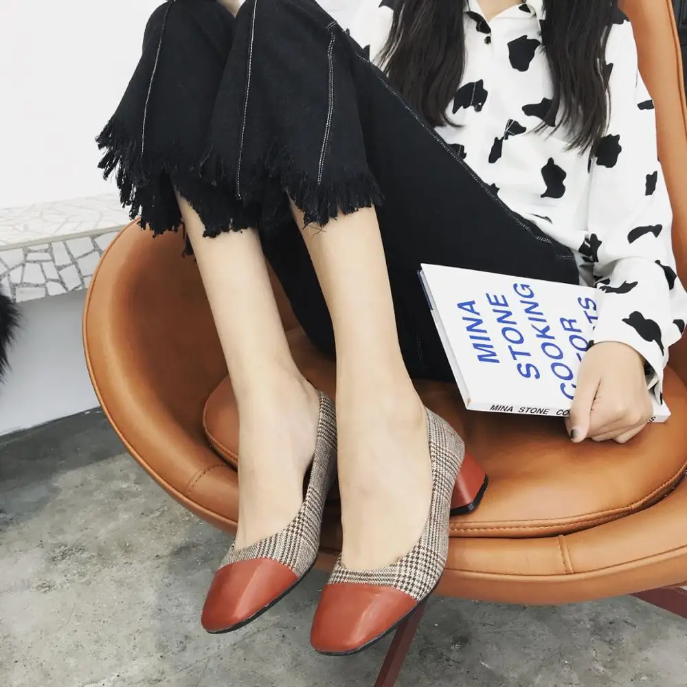 

2019 autumn new fashion simple plaid high heels women retro style comfortable casual high heels