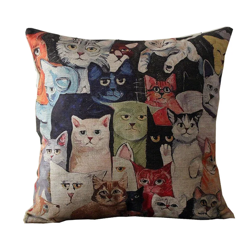 Colorful Cats Painting Pillow Case Vintage Linen Pillow Cushion Cover