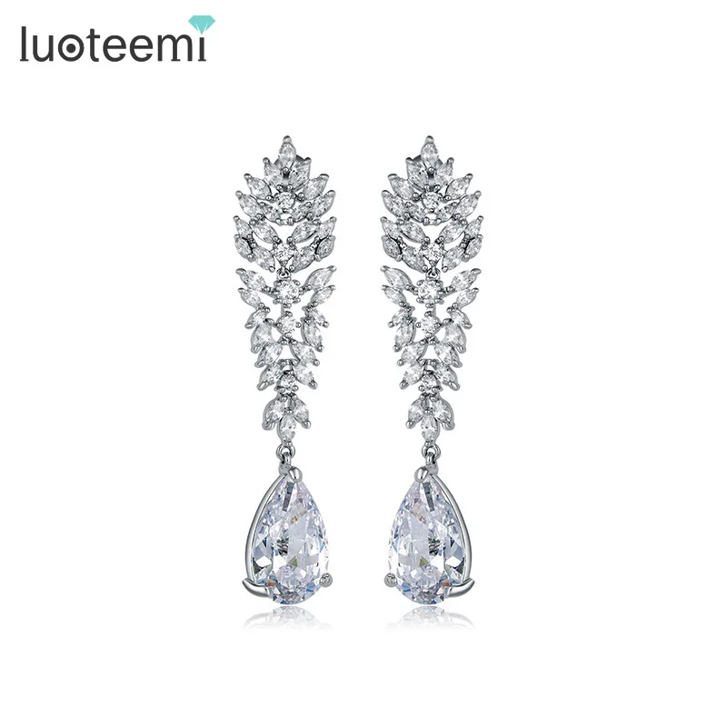 

LUOTEEMI Big Flower Tiny CZ Crystal Drop Earrings Fashion Jewelry Elegant Waterdrop Pendant Brincos for Women Bridal Wedding