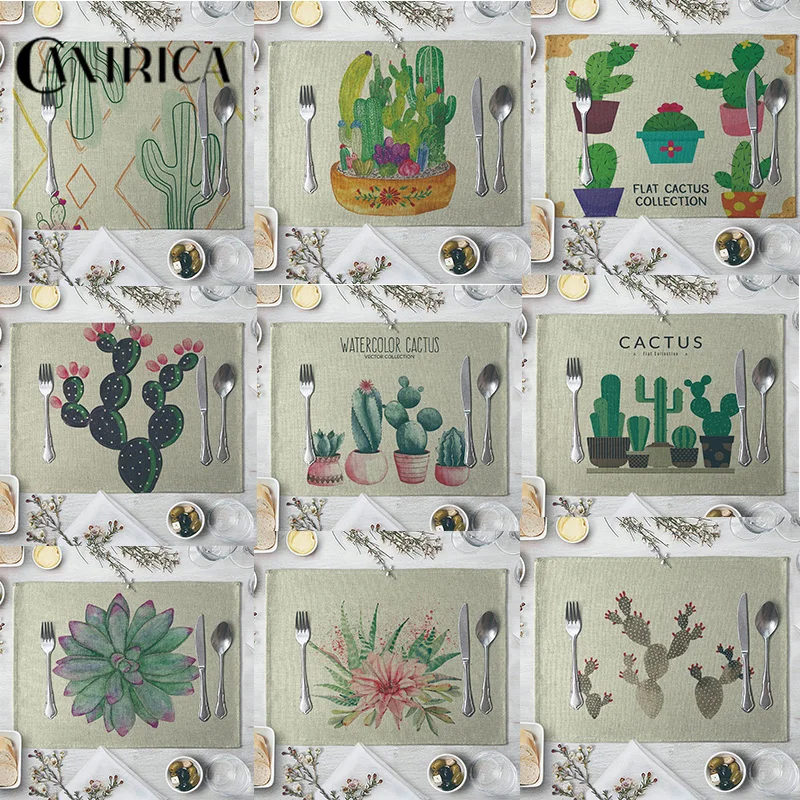 

CANIRICA Dining Placemat Linen Table Mat Plant Cactus Tableware Pad Pads Green Bowl Coaster Kitchen Accessories 30*40 Home Decor