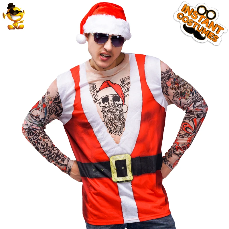 

Christmas Tattoo Man T-shirt Costume Fancy Dress Red Long Sleeve Imitation Xmas Santa 3 D Printing T-shirt Costume