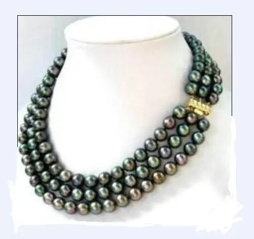 

925silver Gold Clasp Triple Strands South Sea AAA 7-8MM Black Pearl Necklace
