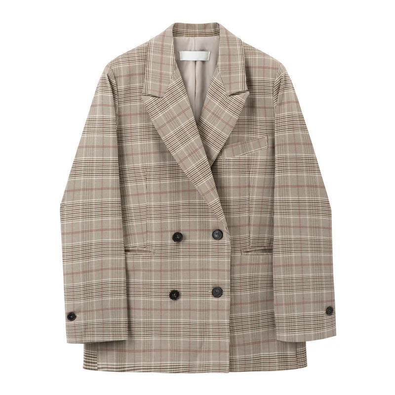 Spring Plaid Double-breasted Casual Small Suit Jacket Double Breasted Notched Plaid Women Clothing Women Jackets and Coats 2019