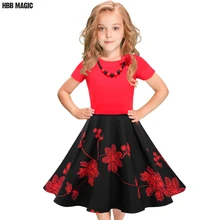 Платье с цветочным принтом летняя одежда для девочек красные и черные хлопковые платья с короткими рукавами для девочек Одежда для детей возрастом от 5 до 12 лет