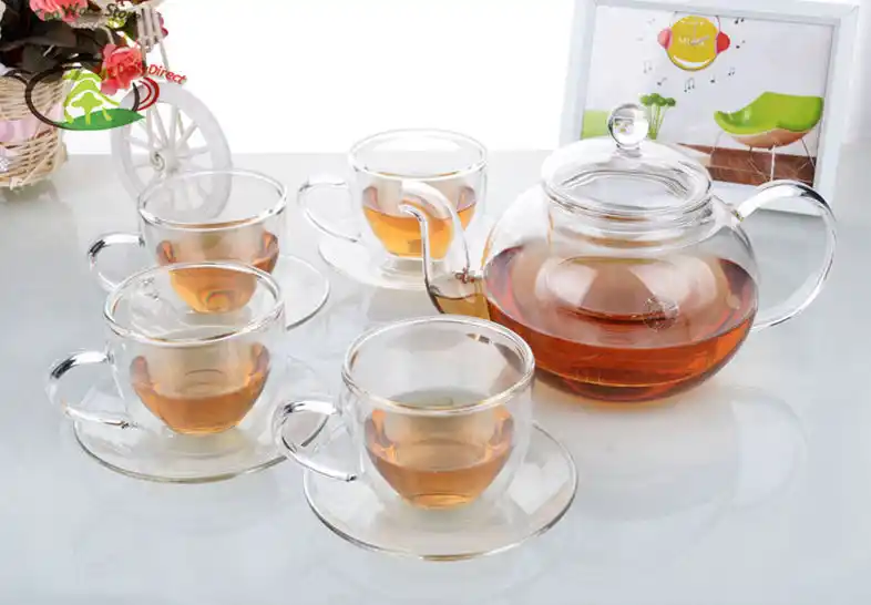 1x Чай Set-910ml термостойкие Стекло Чай горшок + 4x160 мл с двойными стенками, чашки и блюдца-M 12 Комплекты cm - изображение