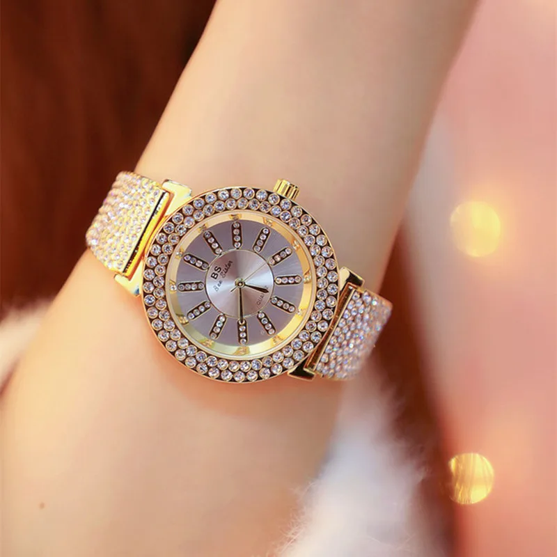 Goedkoop 2018 Luxe Vrouwen Horloges Dame Diamant Jurk Horloge Goud Zilver Rvs Strass horloge Vrouwelijke Casual Quartz Horloge Klok
