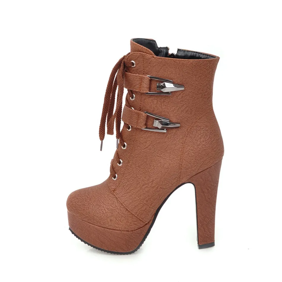 Odetina/; Модные женские ботильоны на платформе и высоком каблуке; ботинки на шнуровке на толстой подошве; зимняя теплая обувь с пряжкой; плюш; большой размер 50