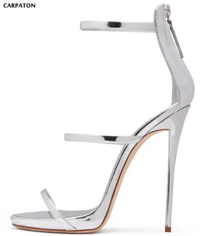 

Carpaton Newest Silver Metallic Leather High Heel Sandal 2018 Summer Open Toe Thin Heels Shoes Woman Ankle Strap Sexy Shoes