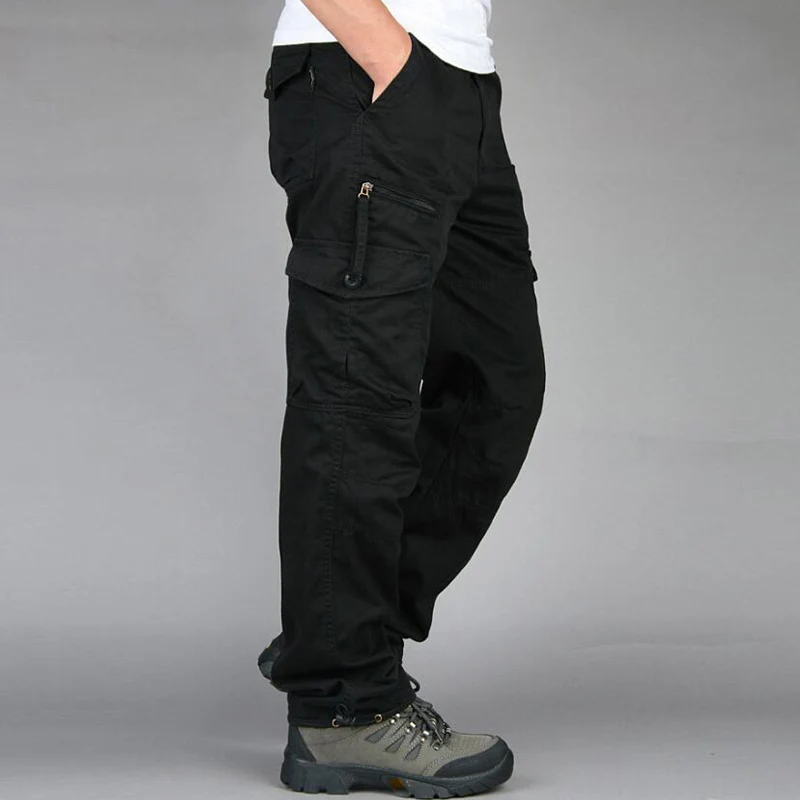 Men's Casual Pants Loose Straight Multi Pocket Trousers Outdoor Overalls pantalones hombre Male jogger tactical cargo pants - Цвет: J18 black