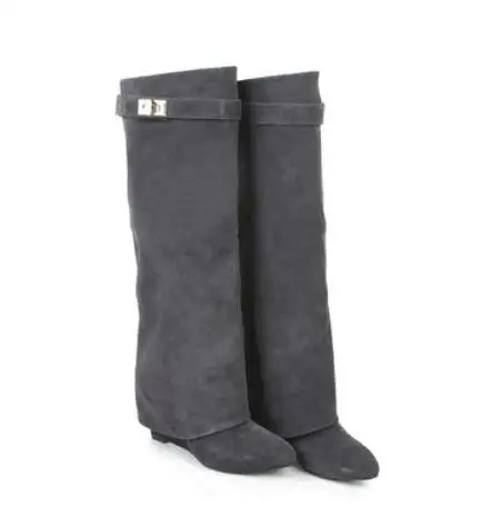Prova Perfetto/модные сапоги до колена из натуральной кожи, с ремешком и акулой, с острым носком, в байкерском стиле, на танкетке, на высоком каблуке - Цвет: grey