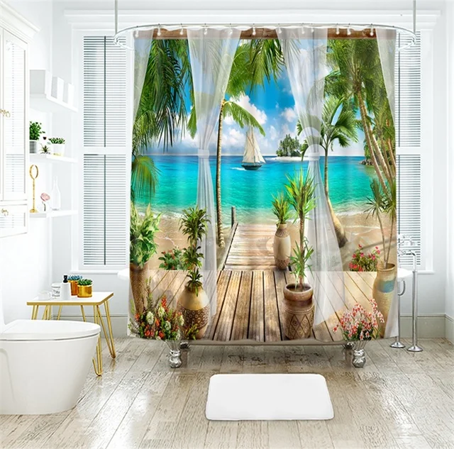 Sea Beach Palm Tree 3d Scenic Printed Bathroom Curtains for Shower