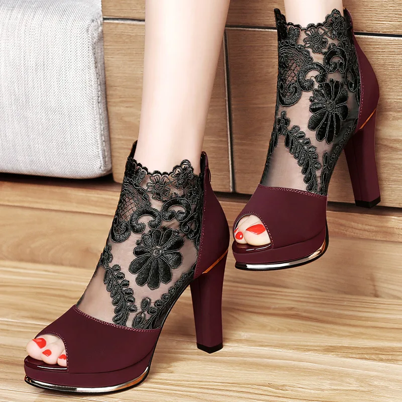 

2019summer Ladies New High-heeled Shoes Mesh Women's Shoes with Coarse Gauze Lace Fish Mouth Women Sandals 1028