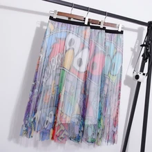 JSXDHK Europen Summer Streetwear Holiday Long Skirt Women's Cartoon pattern Print Fun Mesh Pleated High Elastic Waist Skirt