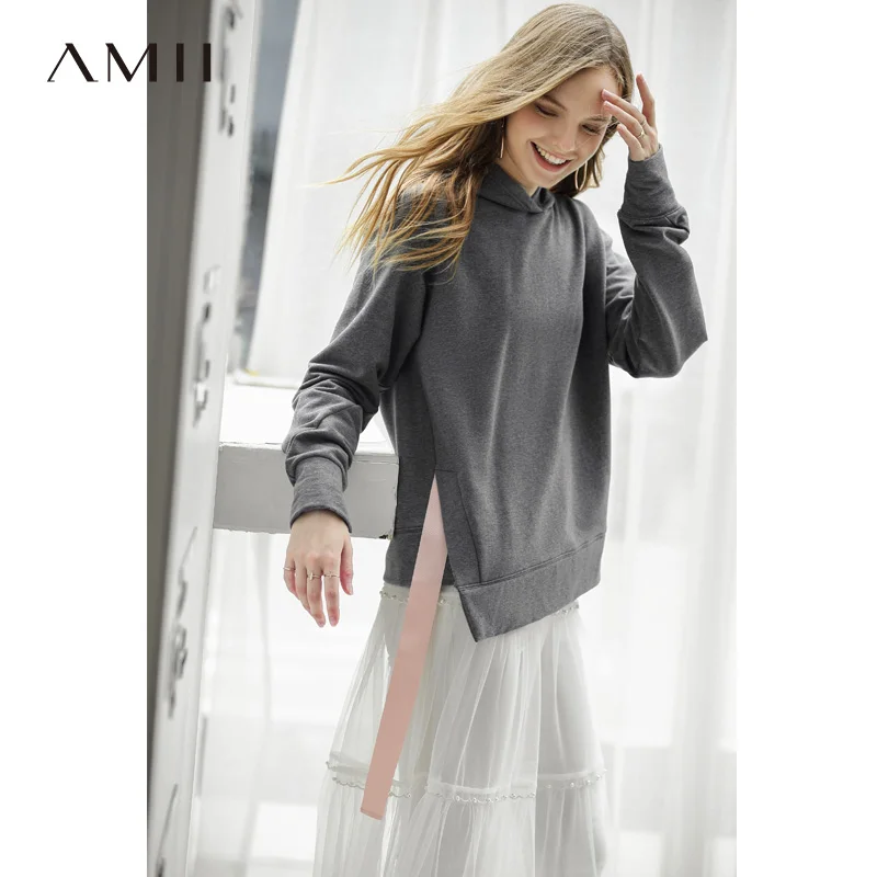 

Amii Causal Female Hooded Sweatshirts Women Spring 2019 Streetwear Solid Long Sleeve Ribbon Cotton Soft Female Tops