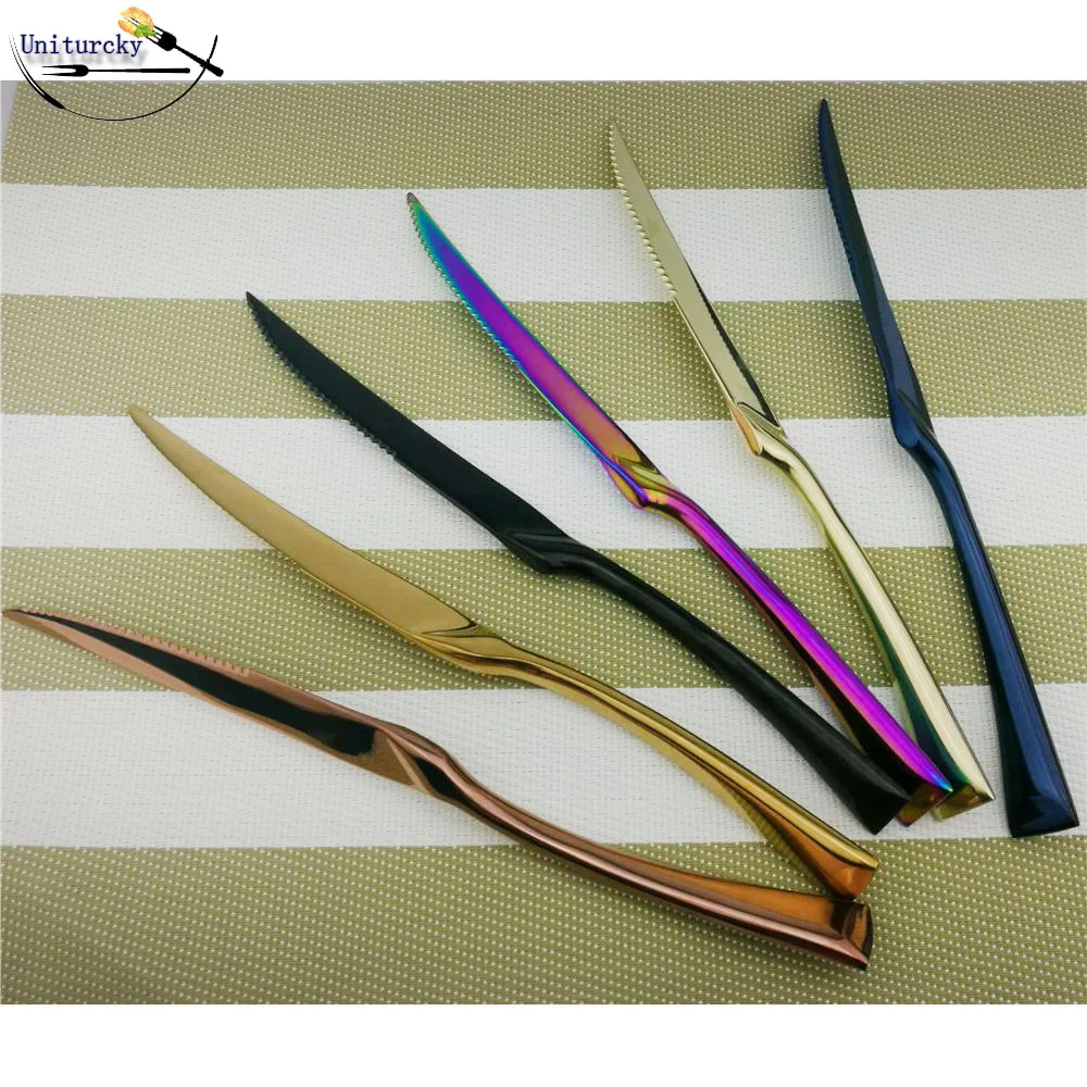 6Pcs Cutlery Rainbow Steak Knives Shiny Stainless Steel Black Steak Knife Sharp Table Knives Set Kitchen Dinnerware cutting meat