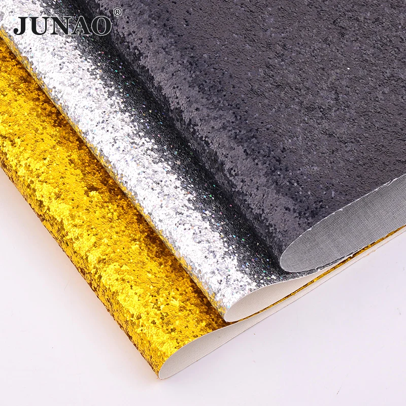 

JUNAO 20*34cm Silver Gold Black Chunky Glitter Sequins Synthetic Leather Fabric Faux Artificial Leather Paillette Fabric Sheets