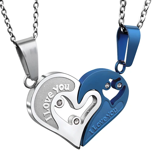 Два цвета нержавеющая сталь мужские женские кулон на цепочке для влюбленной Пары Любовь, сердце, кубический циркон головоломки соответствия - Окраска металла: blue