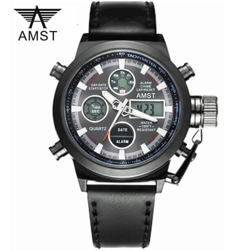 

Multi-function brand AMST Leather nylon sports Watch Army Military Calendar Men Outdoor Watches waterproof Men's Quartz Watch
