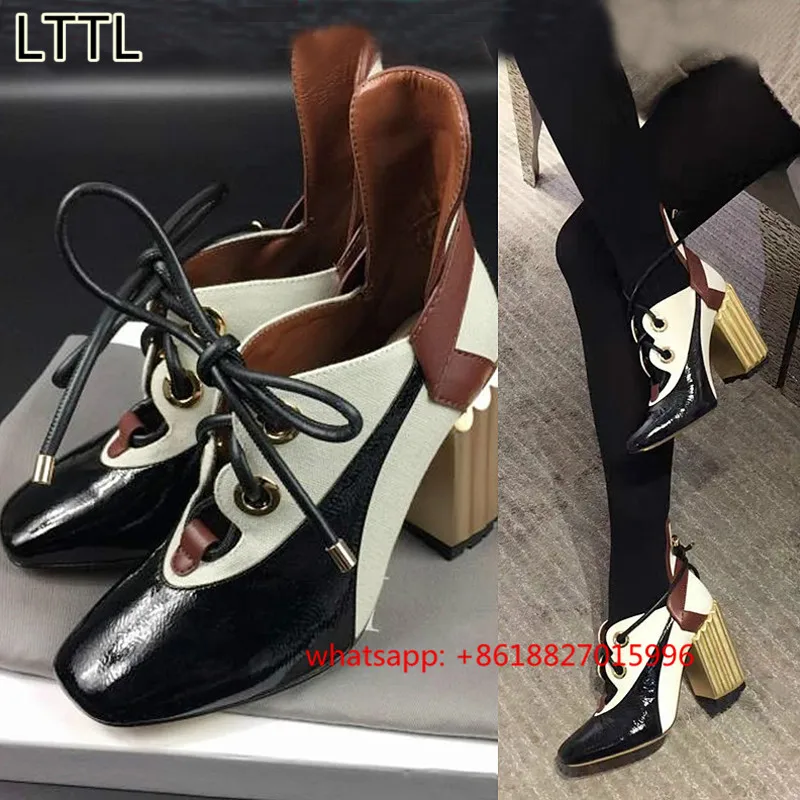 

Rome Square Heels High Heels Square Toe Lace Up Mixed Colors Women Single Shoes 2017 Spring Summer New Gladiators Women Shoes